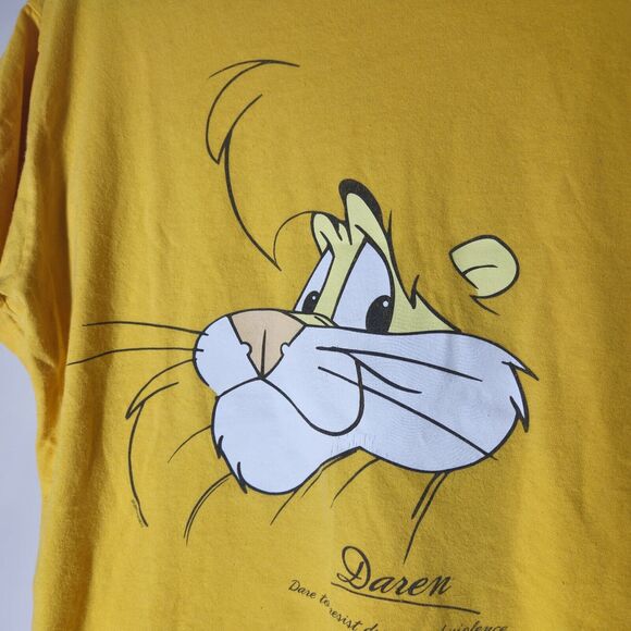Vintage DARE Darren The Lion T-Shirt Yellow Mens Medium Face Gildan - Picture 3 of 6